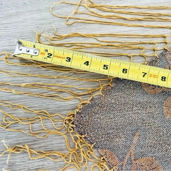 VINTAGE TRIANGLE SCARF IN MESH WITH FRINGES MUSTARD  YELLOW - Picture 6 of 9
